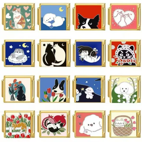 Vergoldete Edelstahl Italienische Charm Glieder DIY Modulare Armband Schmuck Zubehör Süße Cartoon Tiere Katze Hund Muster Strass Charms