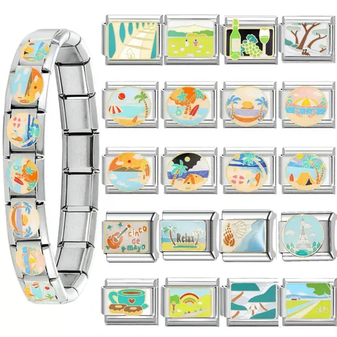 Ciondolo Modulare Italiano per Bracciale in Acciaio Inossidabile Fai da Te Smalto Lettera Paesaggio Modello Bracciale Componente Gioielli
