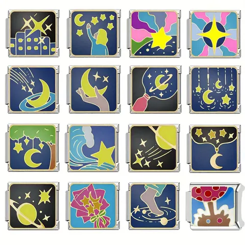 Charm per Bracciale Modulare Italiano in Acciaio al Titanio Cielo Stellato Luna Smalto DIY Charm per Bracciale Elastico per Coppie Donne Gioielli Regalo