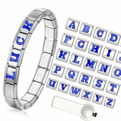 Accessori per Gioielli con Bracciale Elastico Modulare in Acciaio Inossidabile con Ciondolo Italiano Alfabeto A-Z DIY Smalto Blu per Donna Uomo