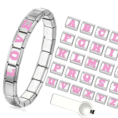 Moduli Bracciale Italian Charm Link in Acciaio Inossidabile Smalto Rosa Lettere A-Z Alfabeto Fai da Te Accessori per Gioielli