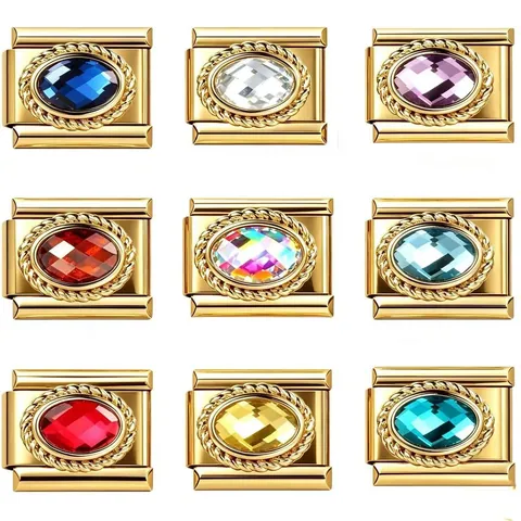 Link per Bracciale Modulare Italiano 9mm in Acciaio Inossidabile Placcato Oro con Zirconia Colorata per Gioielli Fai da Te Regalo