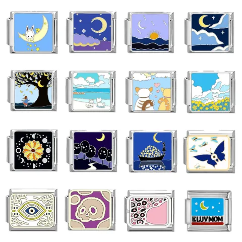 Ciondolo in Acciaio Inossidabile per Bracciale Modulare Italiano Componente DIY Smalto Stella Luna Gatto Gioielli d'Arte Regalo Singolo Link
