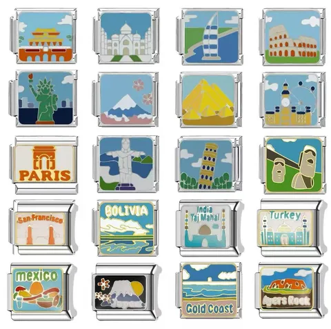 Charm Modulari Italiani in Acciaio Inossidabile Monumenti Mondiali Smalto DIY Maglia Bracciale Elastico Souvenir Gioielli