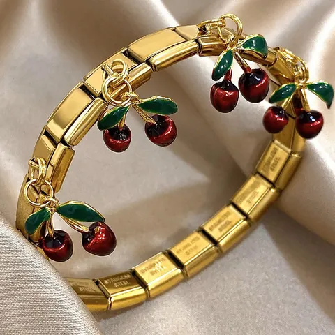 Bracelet Italian Charm en Acier Inoxydable Bracelet à Maillons Modulaires pour Femmes Plaqué Or Argent Breloques Cerise Rouge en Émail Bijoux Mode Cadeau