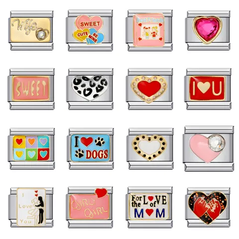 Maglie per Ciondoli Italiani in Acciaio Inossidabile per Bracciale Fai-Da-Te Moduli Gioielli Smalto Strass Cuore Donna