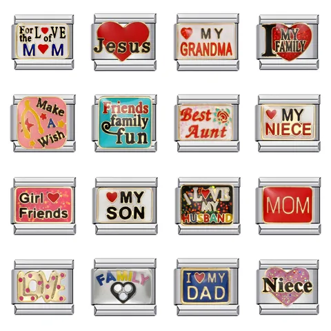 Ciondolo per Bracciale Modulare Italiano in Acciaio Inossidabile DIY Famiglia Amore Maglia Cuore Smaltata per Gioielli Stile Italiano Donna Regali