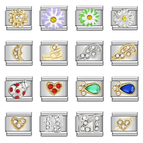 Maglia Charm Italiana in Acciaio Inossidabile per la Creazione di Gioielli Bracciale Fai-da-Te Cuore Sole Fiore Numero Pavé Strass Smalto Ciondolo Bracciale Modulare