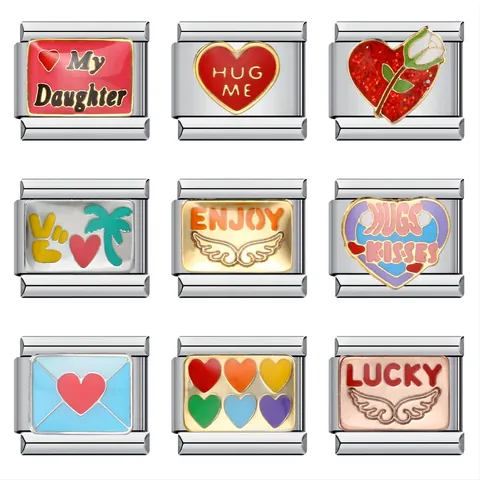 Maglia Charm Italiana in Acciaio Inossidabile per Bracciale Fai da Te Cuore Smaltato Pattern Lettera Modulo Gioielleria Donna Uomo