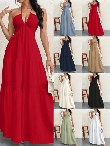 Women Halter Neck Lace Up Tiered Maxi Dress Backless V Neck Boho Summer Party Splicing Vacation Long Dress
