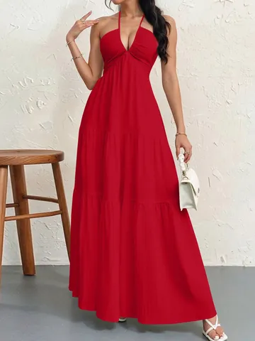 Women Halter Neck Lace Up Tiered Maxi Dress Backless V Neck Boho Summer Party Splicing Vacation Long Dress