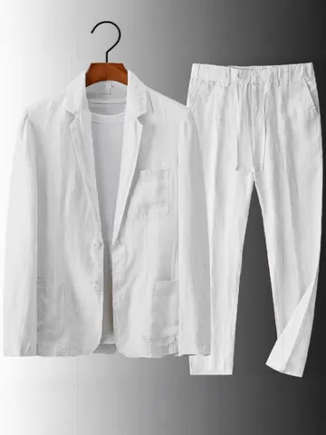 Conjunto de Traje de Lino Casual para Hombre Top Y Bottom 100% Lino Transpirable Blazer Fino Y Pantalones Largos Sueltos Verano