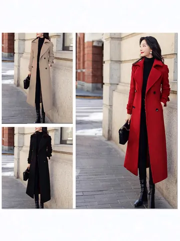 Women Elegant Double Breasted Wool Overcoat Slim Fit Long Trench Coat With Pockets Lapel Collar Solid Color Warm Outerwear