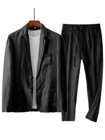 Conjunto de Traje de Lino Casual para Hombre Top Y Bottom 100% Lino Transpirable Blazer Fino Y Pantalones Largos Sueltos Verano