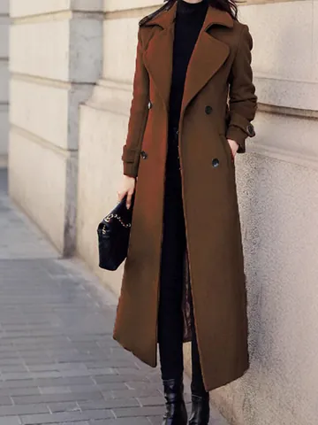 Women Elegant Double Breasted Wool Overcoat Slim Fit Long Trench Coat With Pockets Lapel Collar Solid Color Warm Outerwear