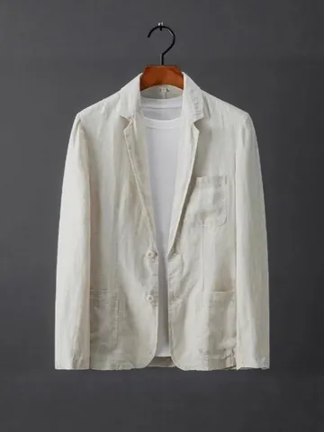 Chaqueta Americana Casual de Mezcla de Lino para Hombre Corte Entallado Solapa Traje de Negocios Transpirable Ligero Top