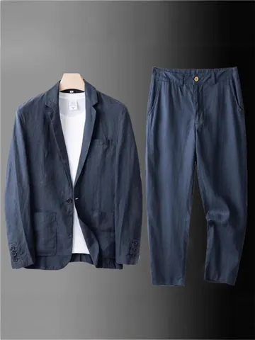 Men's Casual Linen Cotton Blend Suit Set Slim Fit Thin Breathable Top And Bottom For Summer Business Fashionable Suit