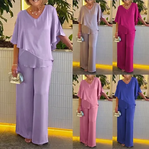 Women V Neck Irregular Hem Two Piece Set Solid Color Batwing Sleeve Top And Wide Leg Pants Casual Commuting Outfit