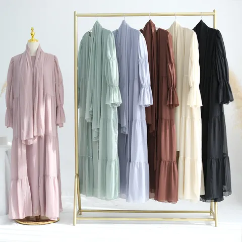 Ensemble Robe et Abaya Élégant en Mousseline Plissée pour Femme Style Turc Couleur Unie Manches Longues Robe Maxi Ensemble