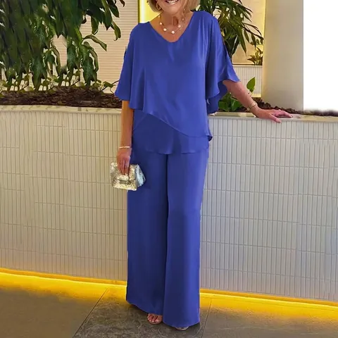 Women V Neck Irregular Hem Two Piece Set Solid Color Batwing Sleeve Top And Wide Leg Pants Casual Commuting Outfit