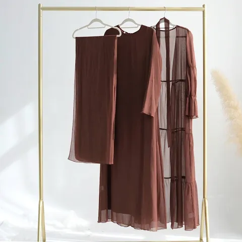 Ensemble Robe et Abaya Élégant en Mousseline Plissée pour Femme Style Turc Couleur Unie Manches Longues Robe Maxi Ensemble