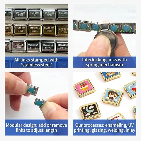 Maglia per Bracciale Italian Charm per Uomo Donna in Acciaio Inossidabile Smalto Rosa Segni Zodiacali Gioielli DIY