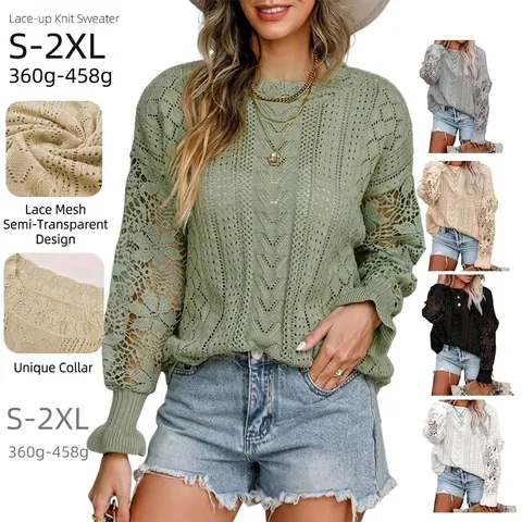 Elegante Suéter de Punto de Manga Larga con Patchwork de Encaje para Mujer Sexy Top de Punto Informal con Cuello Redondo para Otoño Invierno