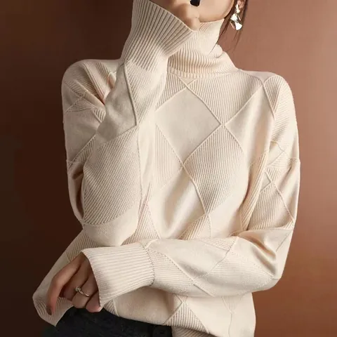 Women's Argyle Turtleneck Pullover Sweater Thick Wool Blend Long Sleeve Ribbed Cuffs Solid Color Casual Knitwear Top