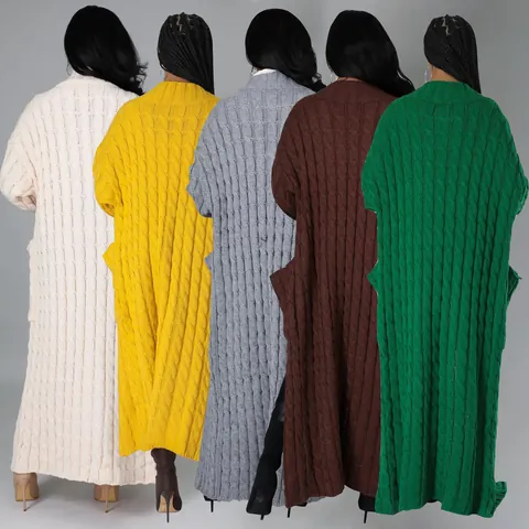 Dames Lange Maxi Open Vest Kabelbreisel Zak Lange Mouwen Dikke Gebreide Jas Effen Kleur Casual Outerwear