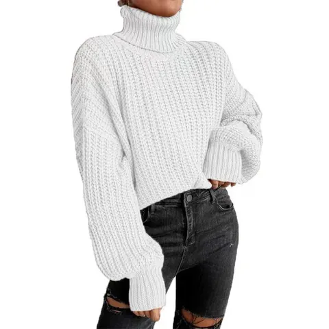 Women High Neck Knit Sweater Solid Color Loose Coarse Knit Pullover Long Sleeve Casual Warm Urban Fashion Sweater Top