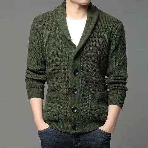 Men Thickened Shawl Collar Cardigan Sweater Button Down Chunky Knit Coat Solid Color Casual Business Gentleman Outerwear Winter Warm Polyester Knitwear