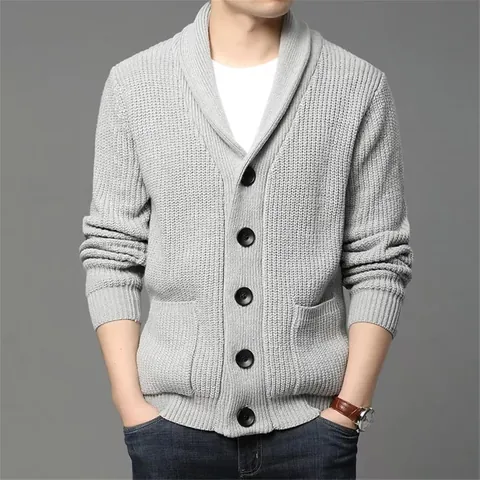 Men Thickened Shawl Collar Cardigan Sweater Button Down Chunky Knit Coat Solid Color Casual Business Gentleman Outerwear Winter Warm Polyester Knitwear