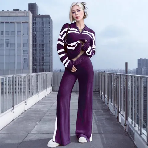 Completo in Maglia a Righe Sopra E Sotto Maglione a Maniche Lunghe con Revers E Pantaloni a Gamba Larga Abbigliamento Donna