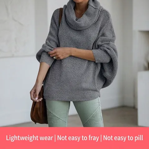 Women High Neck Lantern Sleeve Sweater Oversized Color Cotton Wool Blend Knit Pullover Solid Color Casual Warm Top
