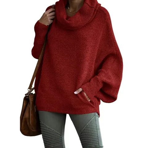 Women High Neck Lantern Sleeve Sweater Oversized Color Cotton Wool Blend Knit Pullover Solid Color Casual Warm Top