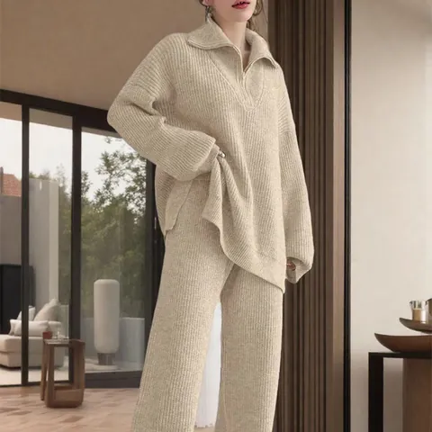 Women Cashmere Blend Knit Top And Bottom Half Zip Half High Neck Solid Color Loose Thick Ribbed Pullover Sweater Wide Leg Pants