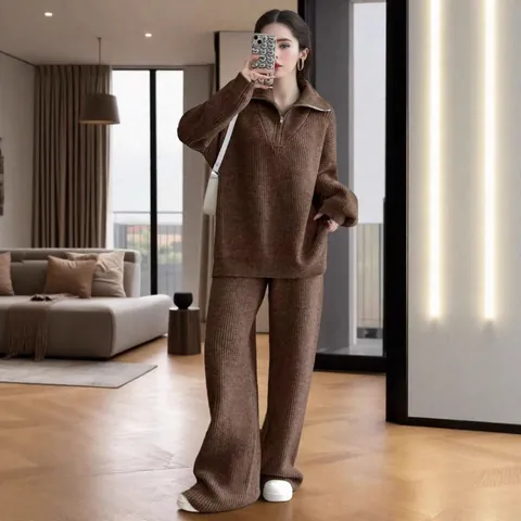Women Cashmere Blend Knit Top And Bottom Half Zip Half High Neck Solid Color Loose Thick Ribbed Pullover Sweater Wide Leg Pants