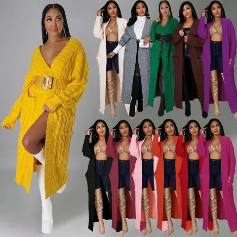 Dames Lange Maxi Open Vest Kabelbreisel Zak Lange Mouwen Dikke Gebreide Jas Effen Kleur Casual Outerwear