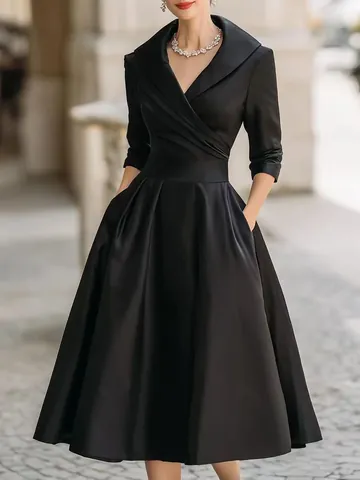 Elegant V-neck Satin Midi Dress For Women Formal High Waist Pleated A-line Skirt Three-quarter Sleeves Retro Party Dress
