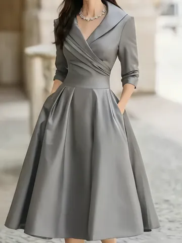 Elegant V-neck Satin Midi Dress For Women Formal High Waist Pleated A-line Skirt Three-quarter Sleeves Retro Party Dress