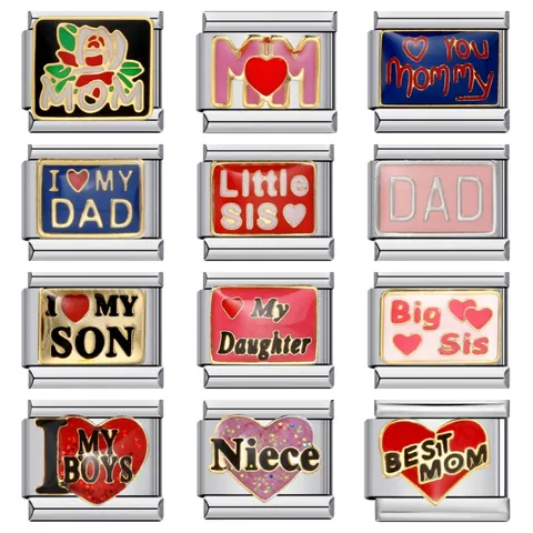 Stainless Steel Italian Modular Charm Link For DIY Bracelet Enamel Heart Mom Dad Family Member Theme Jewelry Gift