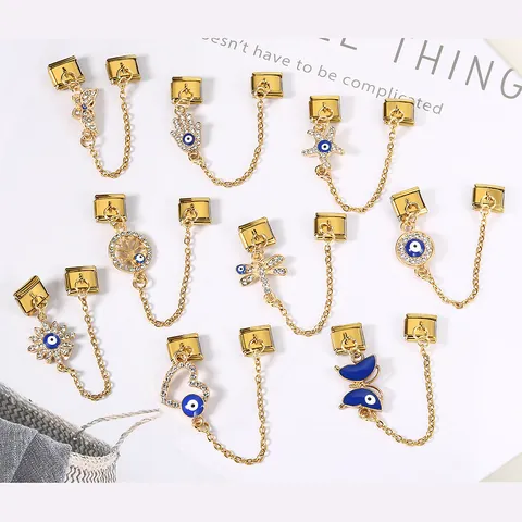 Stainless Steel Evil Eye Safety Chain Charm For Italian Modular Bracelet DIY Rhinestone Enamel Hamsa Heart Butterfly Link