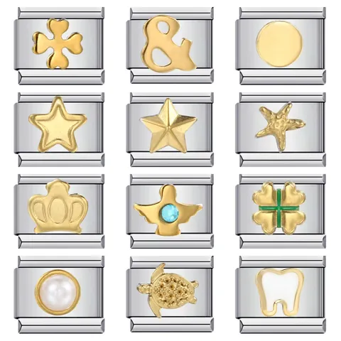 Moduli per Bracciale Italiano in Acciaio Inossidabile Ciondolo Minimalista Motivo Oro Smalto Corona Elefante Stella DIY Gioielli