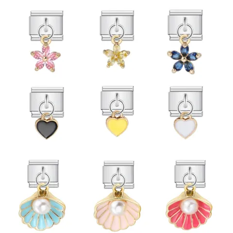 Maillons de Charme Italiens pour Bracelets Modulaires en Acier Inoxydable Perle Artificielle Coquille Cœur Fleur Pendentifs DIY Bijoux pour Femmes