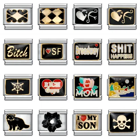 Link per Bracciale Italian Charm in Acciaio Inossidabile Smaltato Nero Oro Fai da Te Accessori per Gioielli da Donna Uomo Regalo