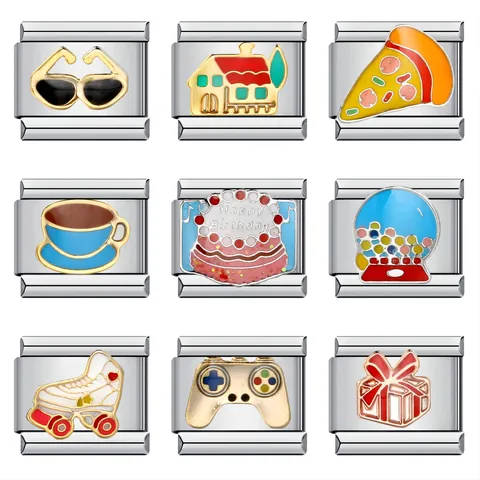 Roestvrijstalen Italiaanse Charm-Armband-Schakels DIY-Sieraden Maken Cartoon Pizza Taart Koffiekopje Zonnebril Emaille Druppelolie-Bedeltjes