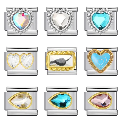 Maglie Charm Italiane in Acciaio Inossidabile per Bracciale Modulare Fai-da-te Strass Smalto Cuore Ciondolo a Goccia d'Acqua Accessorio per Gioielli