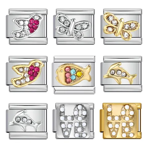 Charm Italiano de Acero Inoxidable con Diamantes DIY Mariposa Delfín Love Pájaro Animal Charms para Mujer Fabricación de Joyas