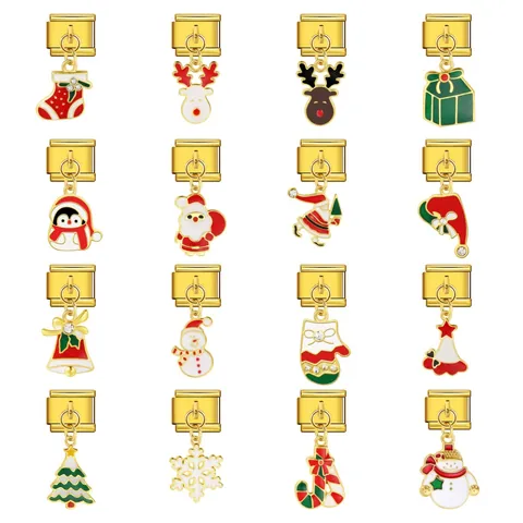 Link Charm Italiano di Natale in Acciaio Inossidabile Base Oro Babbo Natale Renna Smalto Fai da Te Bracciale Modulare Gioielli