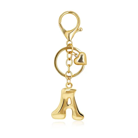 Mode Zinklegierung 3D Blasenbuchstabe Schlüsselanhänger Gold Alphabet Anhänger Mit Herz Anhänger Hummerverschluss Für Taschen